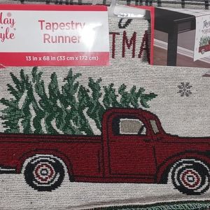 NEW Christmas Tapestry  Runner Rustic Farmhouse Old Red Pickup Truck